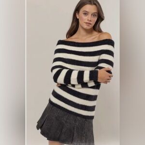 Striped Off-Shoulder Sweater - Black and White